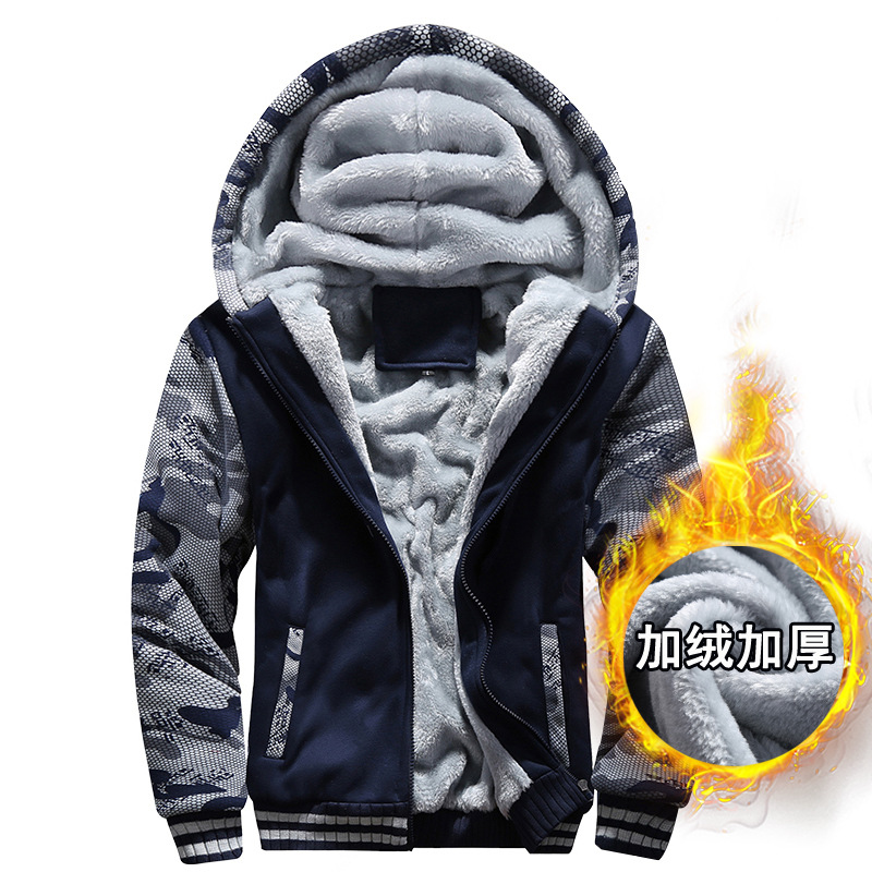 速卖通新款冬男装加绒迷彩卫衣运动服外套大码加厚保暖单上衣 5XL