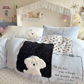 Autumn and Winter Class a Rabbit Fur Patch Embroidery Milk Velvet Four-Piece Set Cartoon Cute Dormitory Three-Piece Bed Bed Sheets Quilt Cover