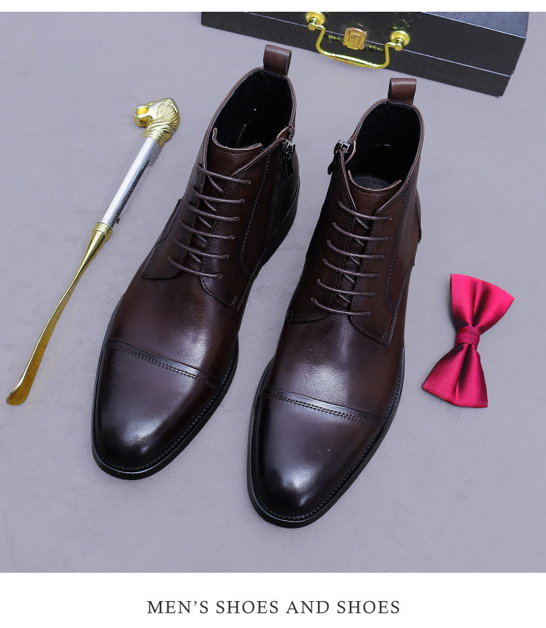 Giày boot nam cổ thấp da bò thật dây kéo phong cách công sở — đen, nâu