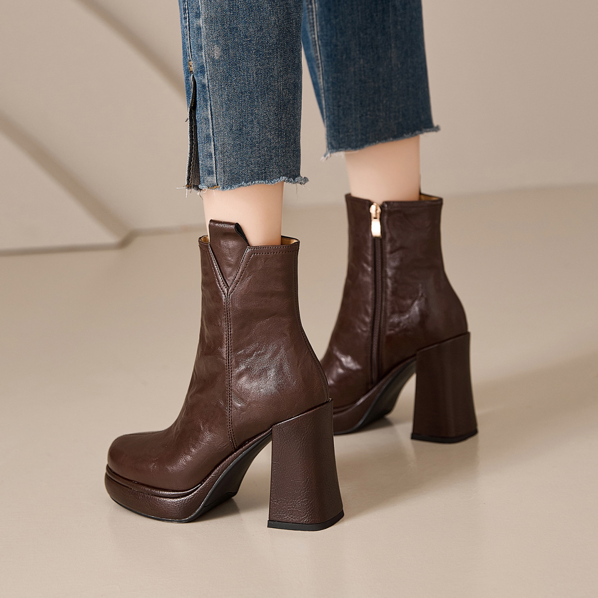 Boot nữ cổ thấp gót thô 10cm khoá kéo bên hông, da bò vân mềm phong cách Anh — Lớp lót đơn màu đen, Lớp lót đơn màu nâu, Lót nhung đen, Lót nhung màu nâu