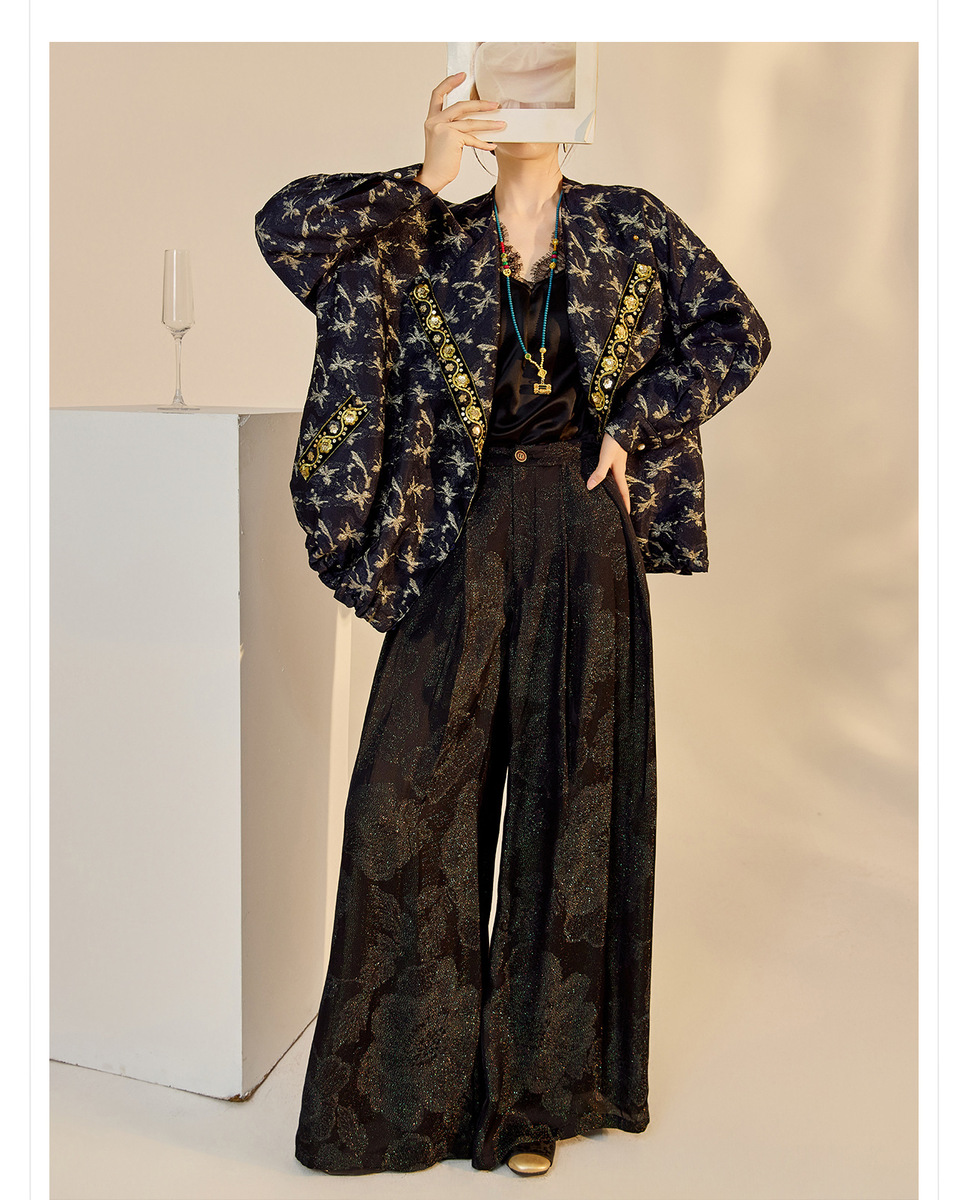 Quần dài ống rộng nữ họa tiết jacquard lụa tơ nhân tạo — Màu trắng nhạt, màu vàng
