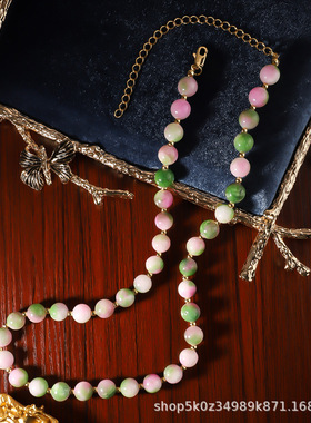 宫廷风中古蜜桃粉渐变色琉璃串珠项链