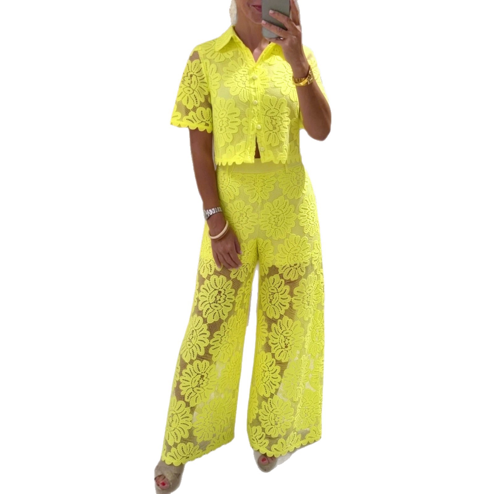 Lace Crochet Short Sleeve Top and High Waist Pants Set Elegant Design Solid Color Comfortable Fit Perfect for Casual