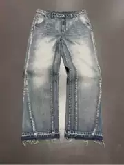 Cross-Border American Washed Distressed Jeans Retro High Street Splicing Design Raw Edge Loose Wide-Leg Straight Pants