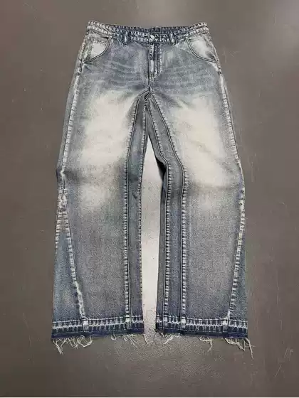 Cross-Border American Washed Distressed Jeans Retro High Street Splicing Design Raw Edge Loose Wide-Leg Straight Pants