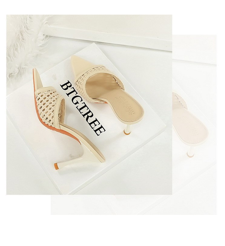 Sandal cao gót nữ mũi nhọn hở ngón quai dệt phối đồ thời trang — Màu bạc, Màu be, màu đen, Màu trắng