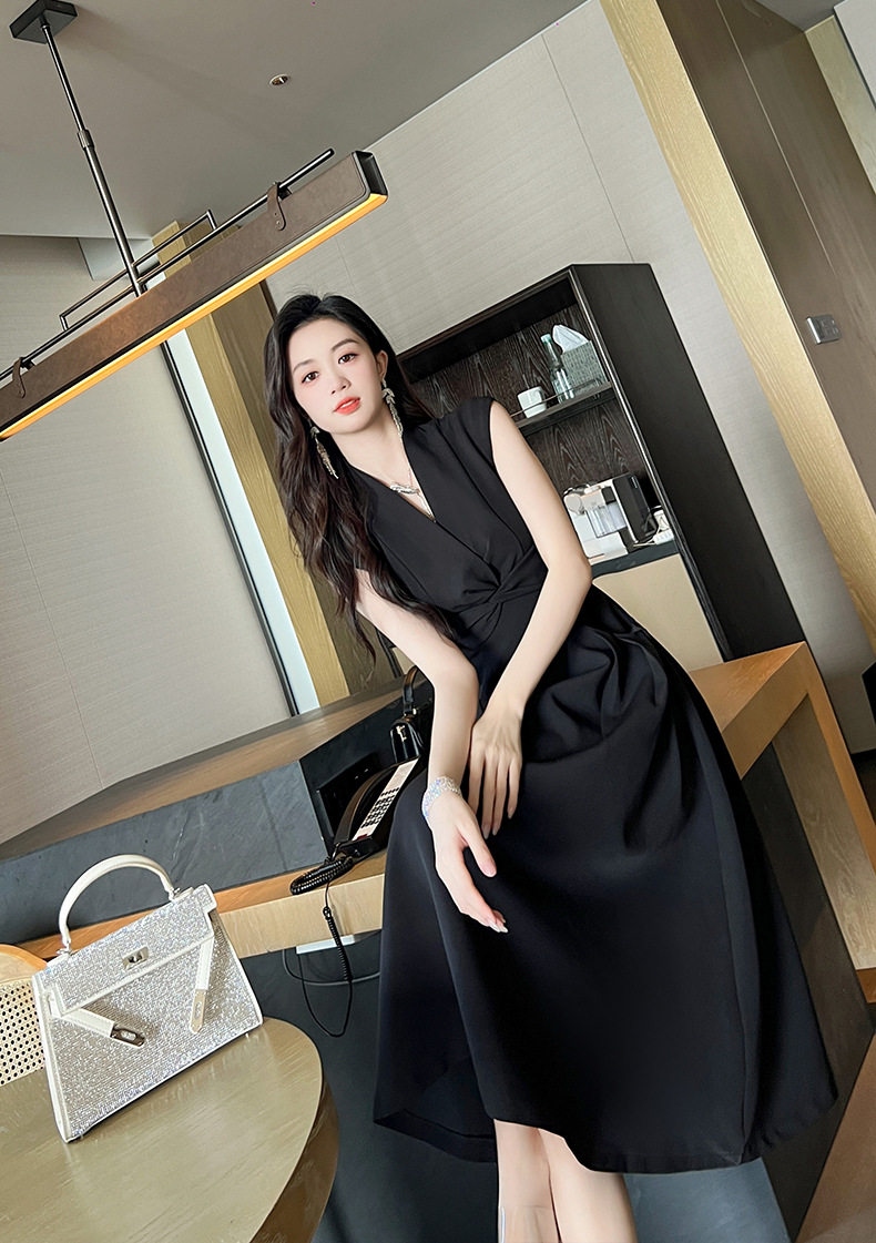 Đầm maxi nữ thắt eo cổ V tay ngắn có túi — [Đen] chi tiết 6