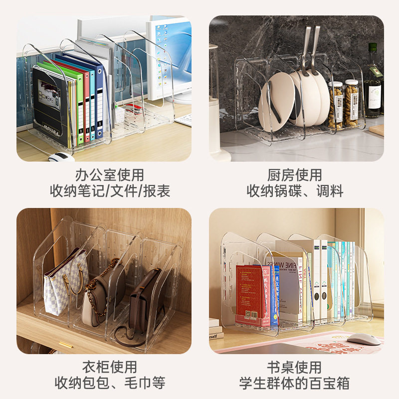 Acrylic Transparent Book Stand, Desktop Bookshelf, Partition for Organizing Books, Creative Design with Three Compartments