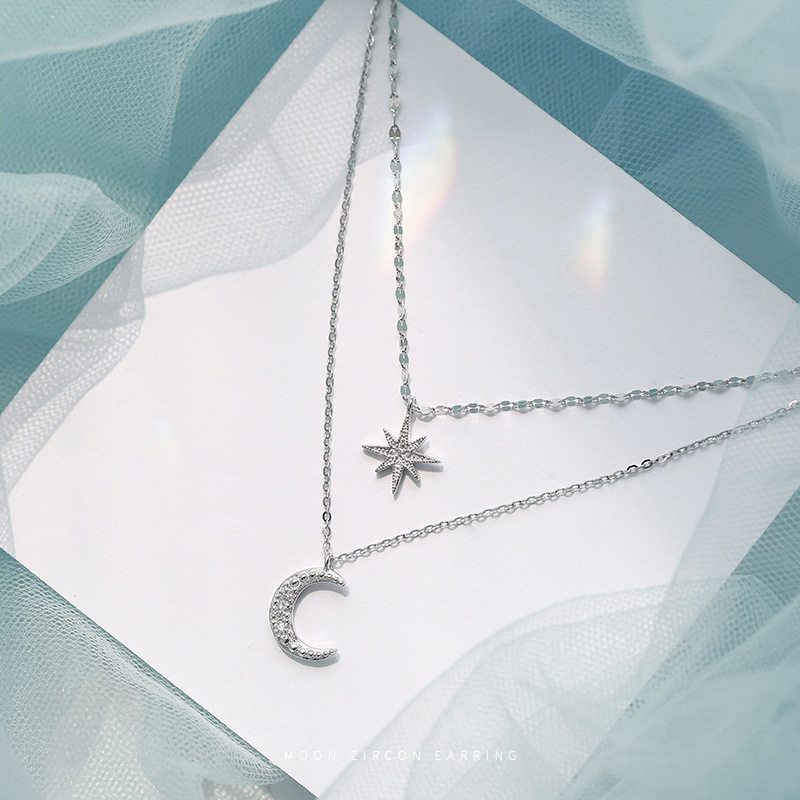 K-Style Ins Silver Sparkling Diamond Starburst Moon Double-Layer Necklace Niche Female Clavicle Chain Design Accessible Luxury New Style
