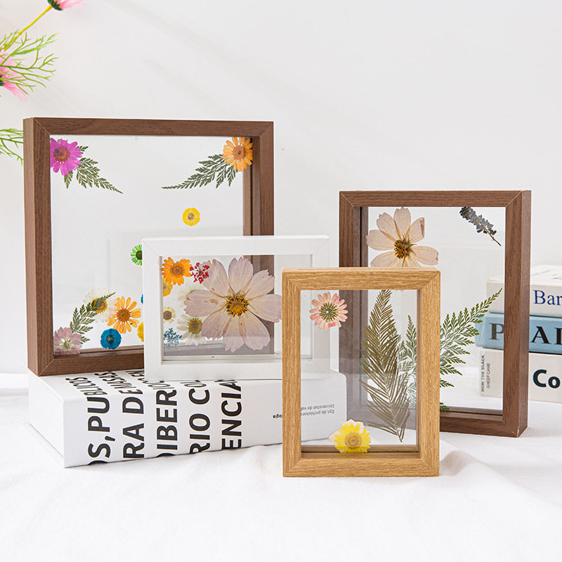 Double-Sided Photo Frame Transparent Glass Happy Word Clip Leaf Carving Ornaments Plant Specimen Embossed Frame Paper-Cut Picture Frame Table