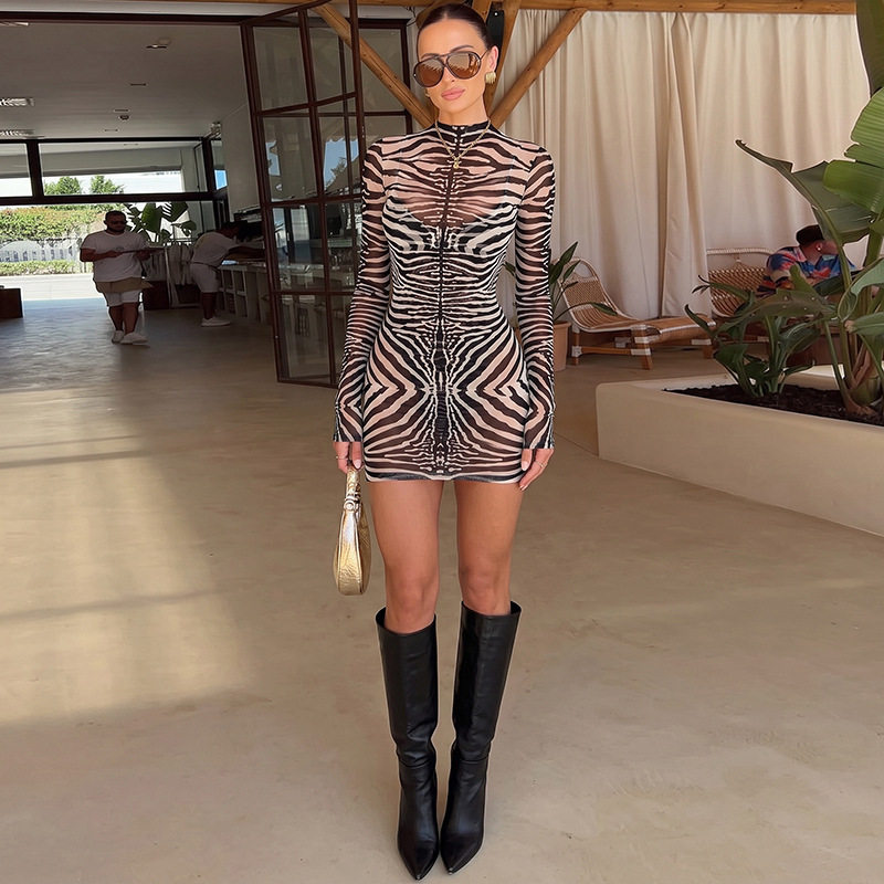 Fashionable Womens Long Sleeve Bodycon Dress Tiger Stripe Print Round Neck Mesh Detail Autumn Style Wholesale