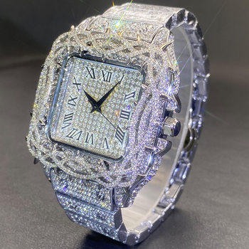 Missfox Watch European and American Hip-Hop Ice Watch Thorn Dial Inlaid with Zircon Square Full Diamond Men's Quartz Watch