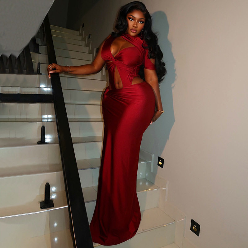 Womens Fashion Dress Solid Color Asymmetrical Hem Slit Design Ruffled Details Casual or Evening Wear Wholesale