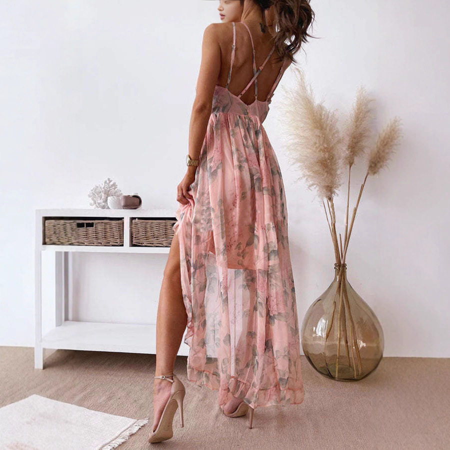 Womens Floral Print Sleeveless V Neck Dress Elegant Backless Design Autumn Collection Wholesale Available