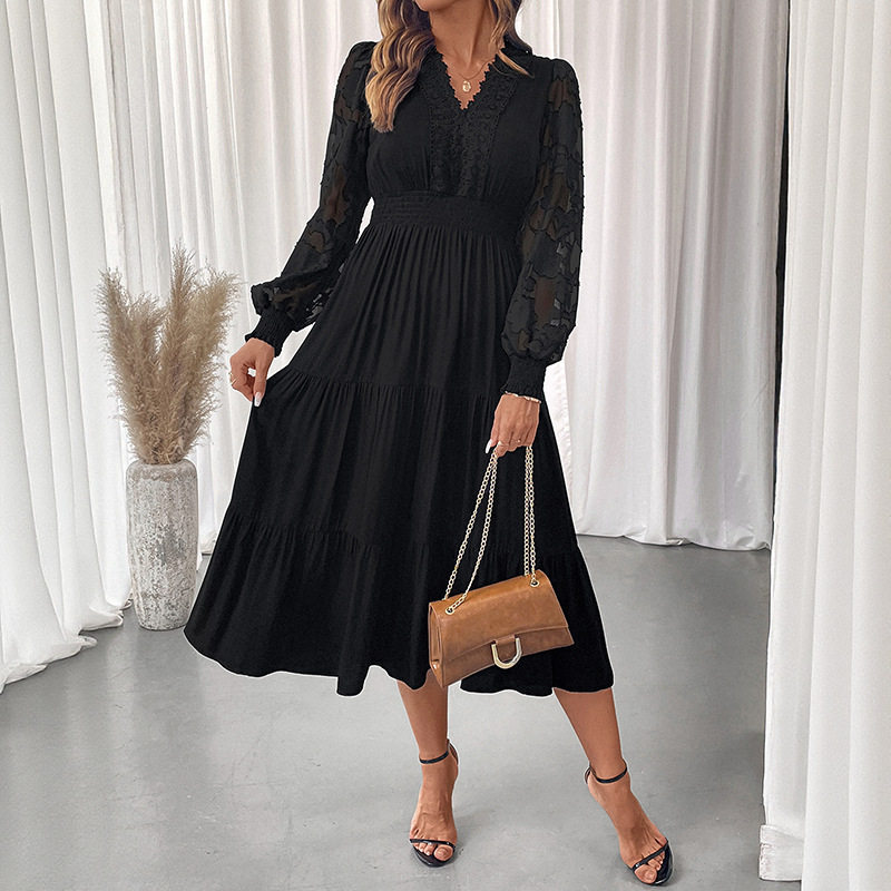 Elegant V Neck Lace Long Sleeve Dress Waist Defining Solid Color Perfect for Formal Events Wholesale Available