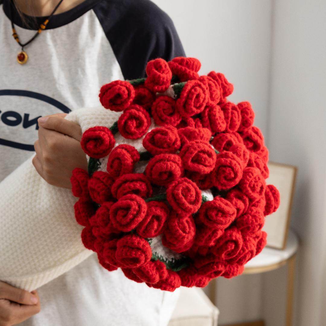 Finished Rose Knitted Thread Blanket Bouquet Blanket Wool Hand-Knitted Flowers Gift for Best Friend Bedside Blanket