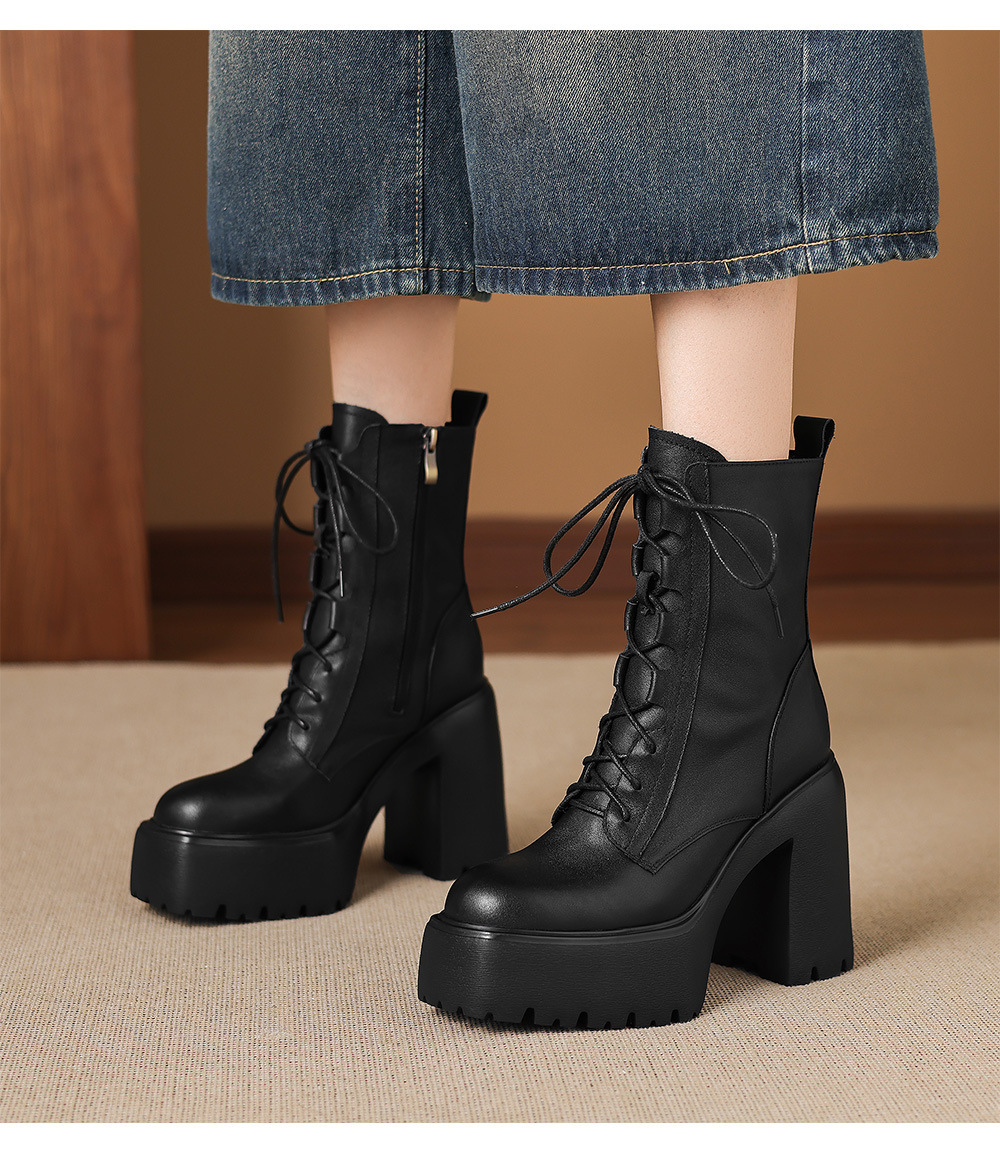 Boot nữ cổ ngắn da bò thật gót thô 12cm phong cách Anh Quốc — Lớp lót đơn màu đen, Lót nhung đen