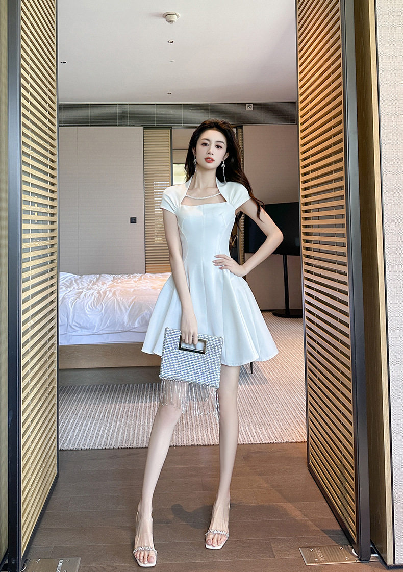 Đầm suông nữ midi cổ vuông phong cách Pháp tay ngắn — [Trắng] chi tiết 14