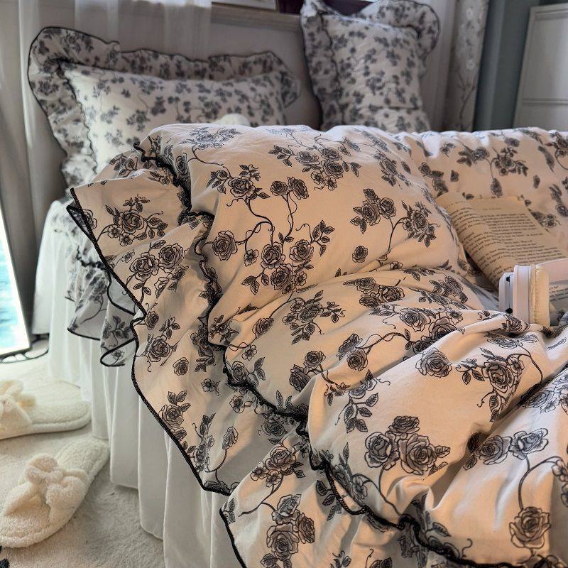 Ins Pastoral Floral Lace Quilt Cover Bed Sheets Double Bed Skirt Four-Piece Set Universal Washed Cotton Dormitory Three-Piece Set