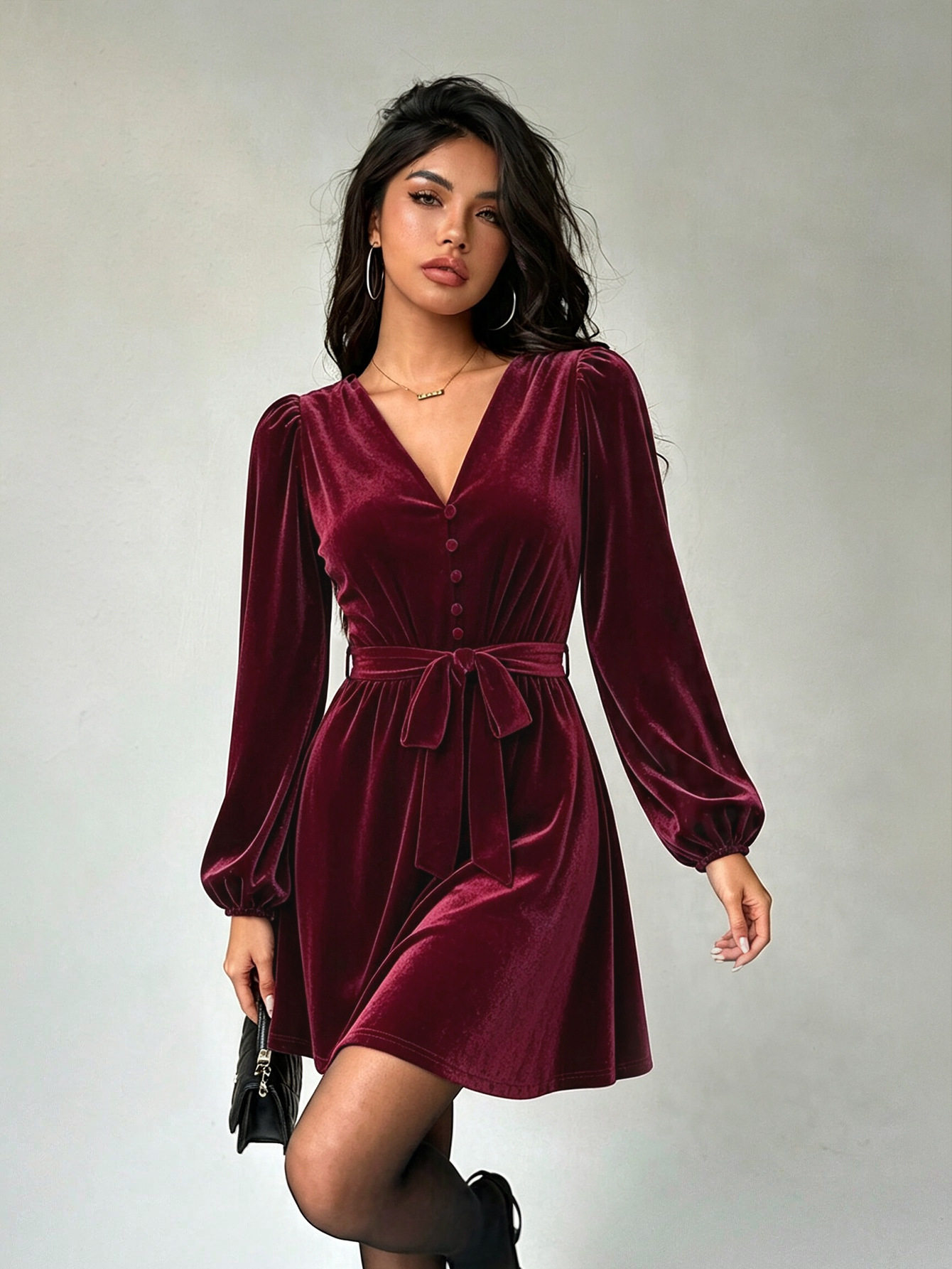 V Neck Velvet Dress for Women Tie Waist Slim Fit Puff Sleeves A Line Short Skirt Perfect for Parties and Events