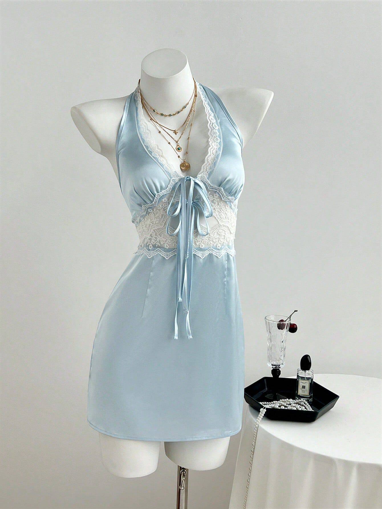 Lace Trimmed V Neck Halter Dress Elegant Design Comfortable Fit Versatile Style Perfect for Parties or Casual Outings
