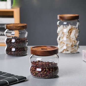 New sealed jar transparent glass corrugated thread Acacia wooden lid storage jar storage bottle coffee beans grains seasoning