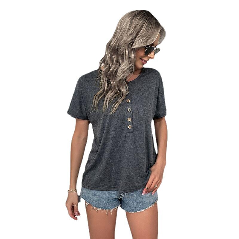 Casual Womens Short Sleeve Top Solid Color European Style Lightweight Fabric Summer Wear Wholesale Available