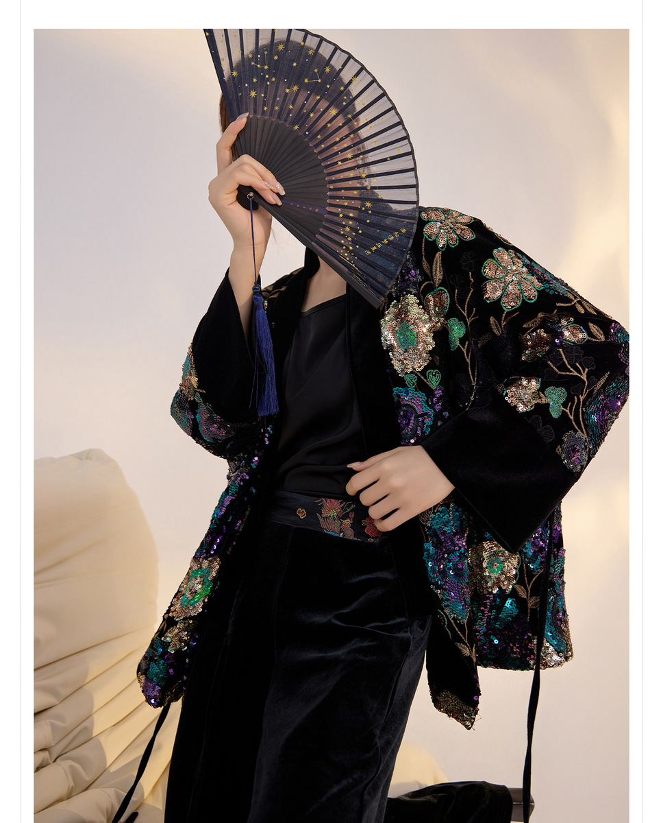Áo khoác nữ thêu hoa đính sequin dáng ngắn cổ chữ V — Iris tím (giao hàng trong 7 ngày), Iris tím (phát hành cùng ngày)