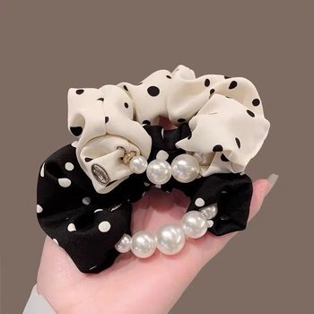 Pearl Polka Dot Scrunchie for Women, Elegant Bun Hair Tie, Simple High and Low Ponytail Rubber Band Hair Rope
