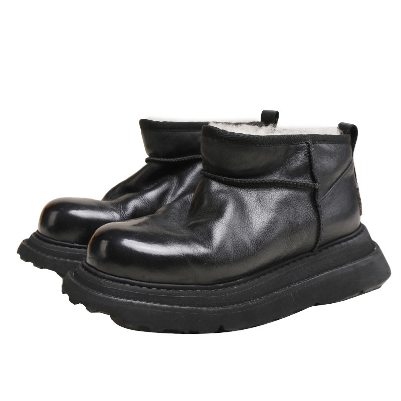 Boot nữ cổ cao lót lông cừu da bò thật đế dày giữ ấm mùa đông — Màu đen
