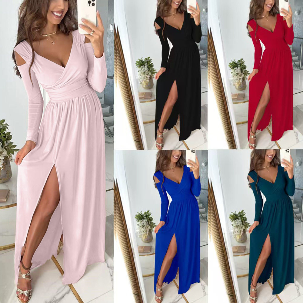 2023 Independent Station Wish Amazon New Autumn and Winter New Long-Sleeved V Neck Pure Color Hem Slit Dress for Women