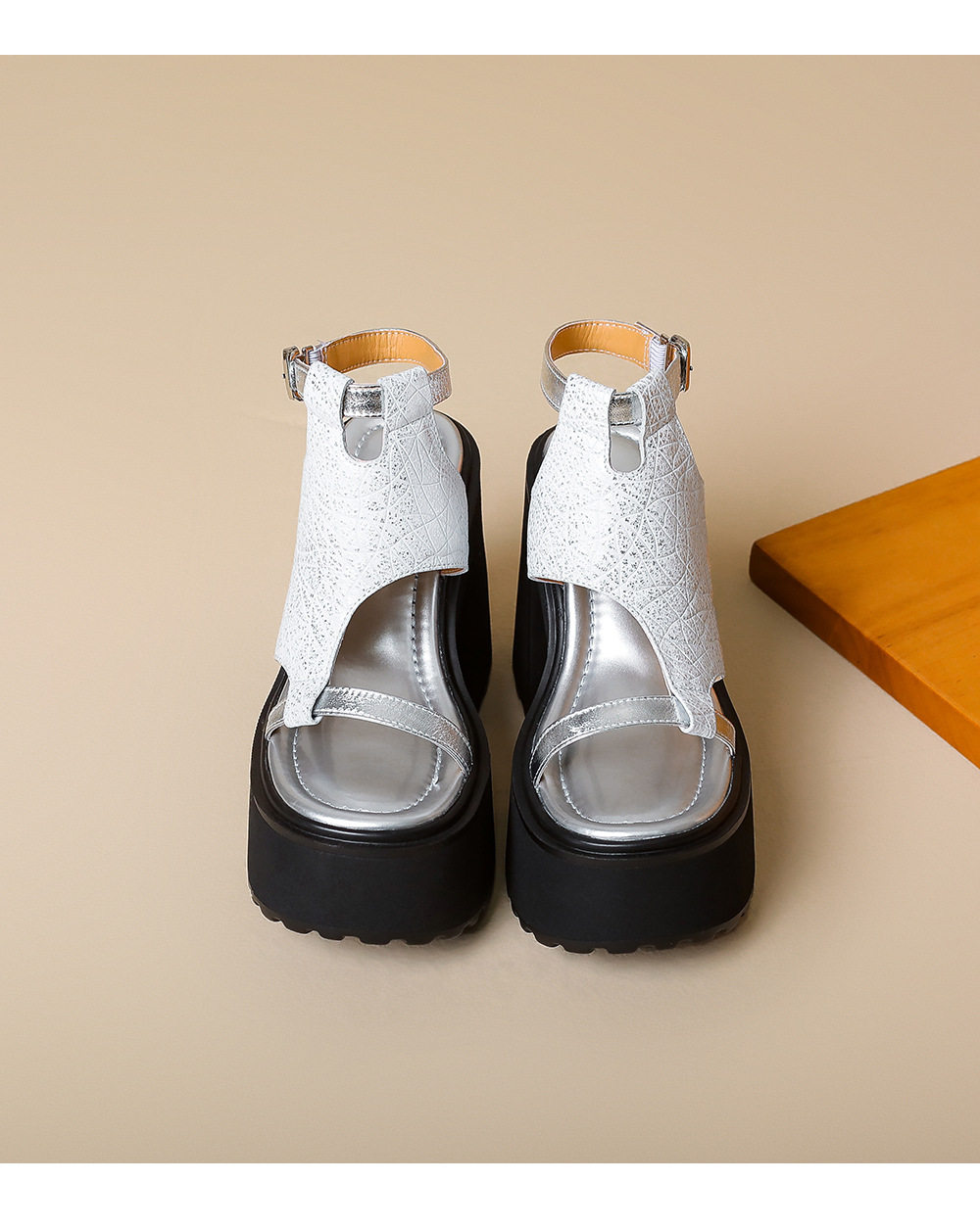 Sandal cao gót nữ da bò thật đế xuồng 12 cm mũi hở phong cách La Mã — [Đen], [Vàng nhạt], [Bạc] chi tiết 14