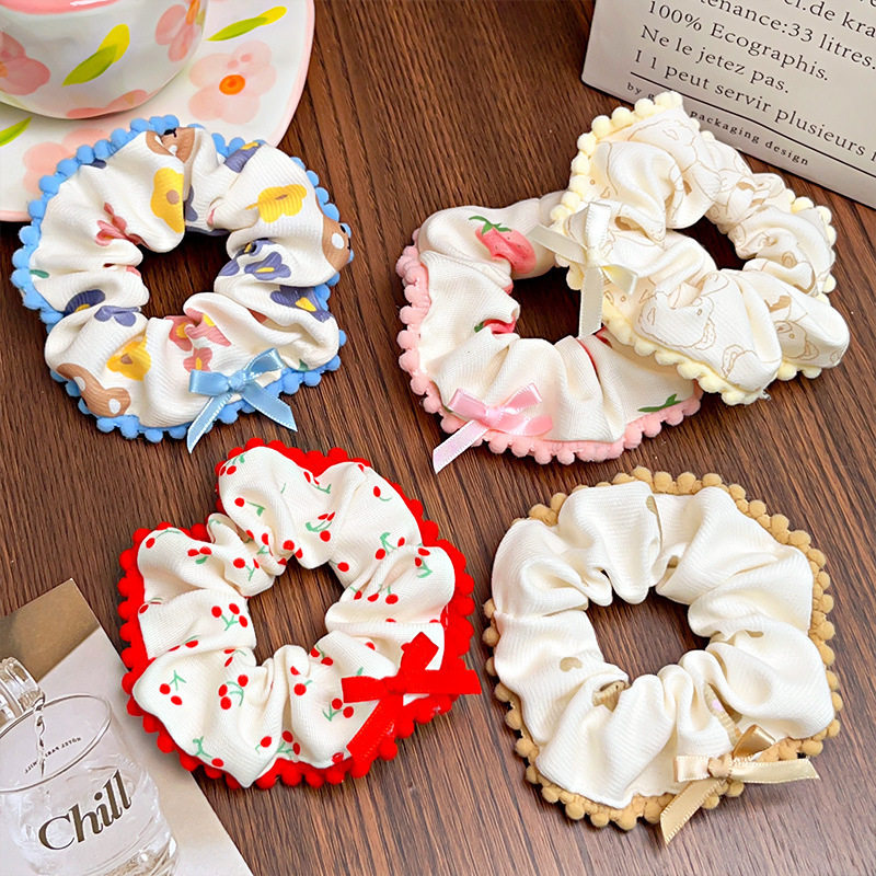 Spring and Summer Sweet Floral Bow Large Intestine Hair Ring Headdress Cute Cherry Hair Rope Girl Ball Hair Accessories for Women