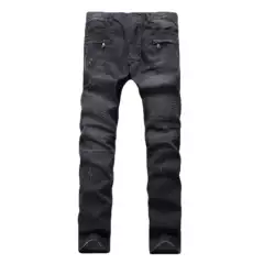 2026 European and American Export Jeans Men's Light-Colored Pleated Slim-Fit Straight-Leg Zipper-Decorated Biker Pants