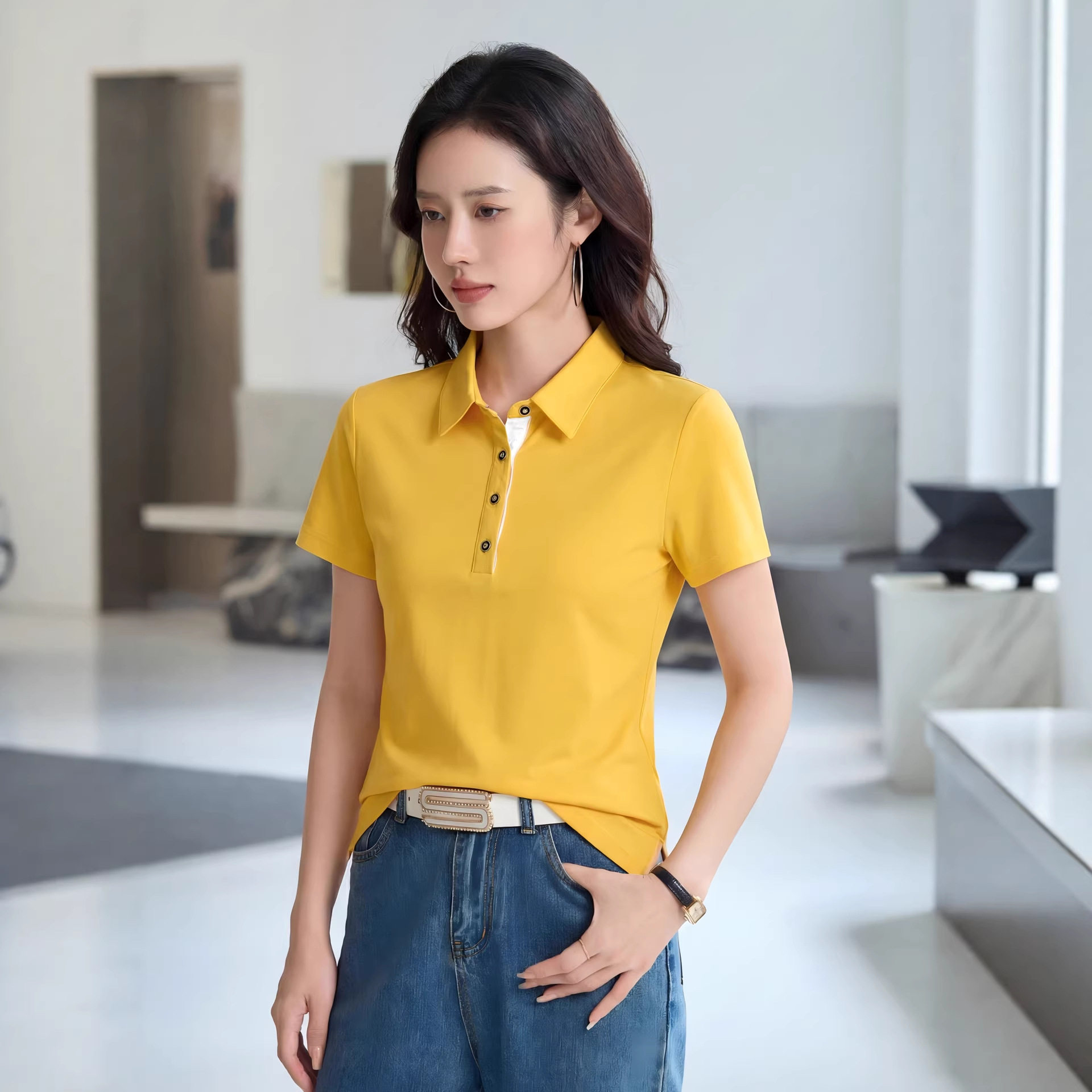 2026夏装纯色翻领韩版修身女装短袖T恤简约时尚上衣小polo衫1818