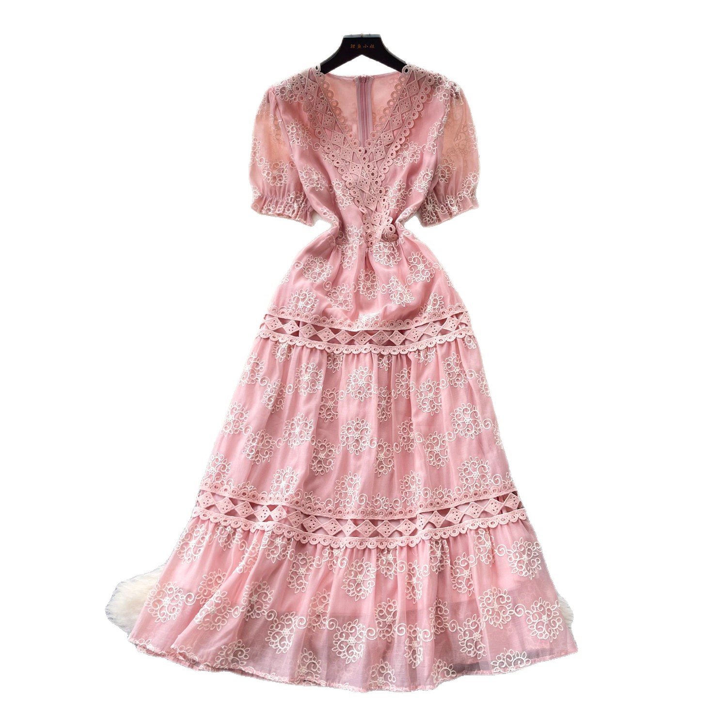 Pink Lace V Neck Dress French Romantic Style Short Sleeve Slim Fit A Line Silhouette Summer Occasion Wholesale
