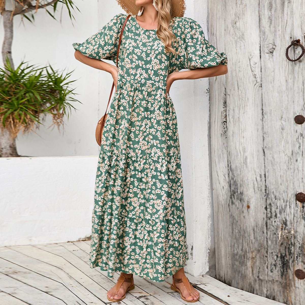 Plus Size Vintage Floral Maxi Dress Loose Fit Round Neck Mid Sleeve Casual Wear for Summer Wholesale Available