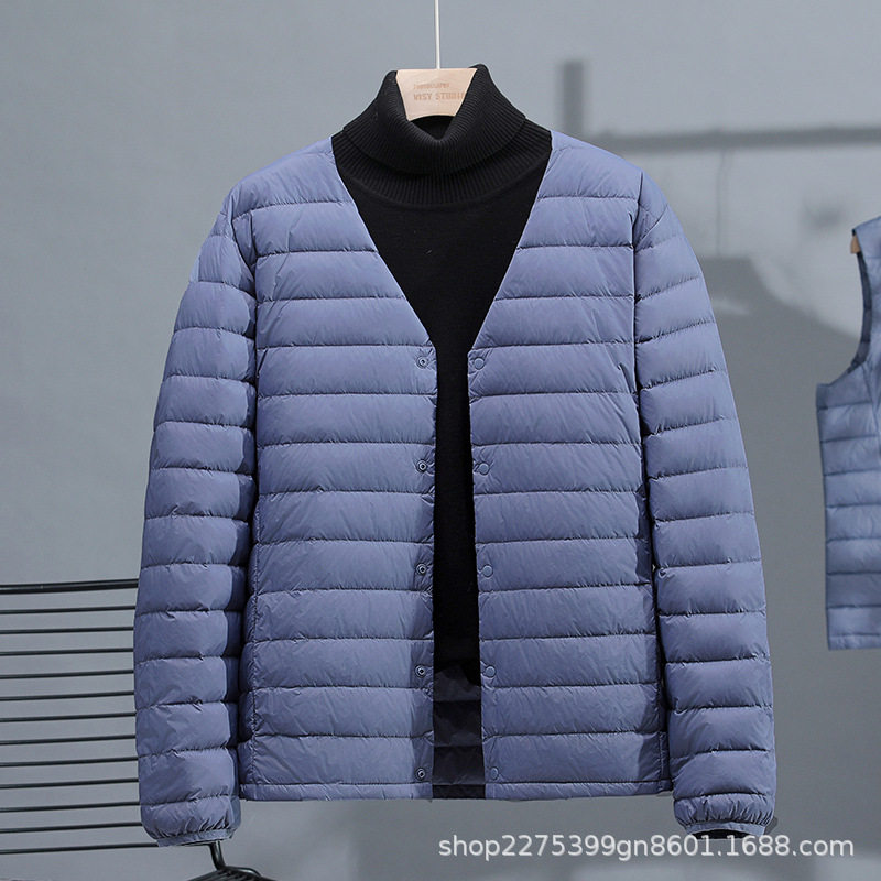 2024 New Men's Light down Jacket Short V Neck Round Neck Two-Wear Thin Large Size White Duck down Men's Outerwear