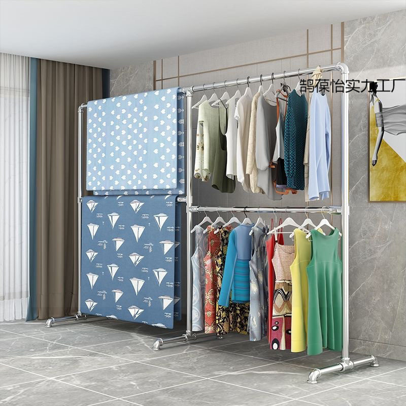 Thickened Galvanized Steel Clothes Drying Rack Floor-Standing Vertical Indoor and Outdoor Balcony Two-Layer Clothes Hanger Upper and Lower Clothes Hanger Clothes Drying Rack