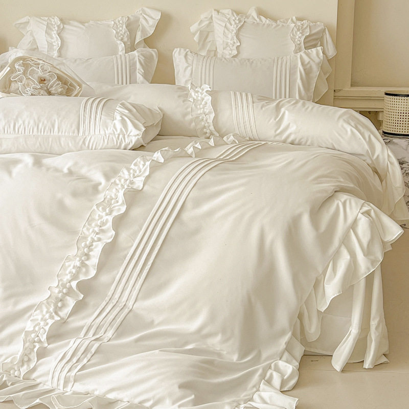 Wholesale Ins Korean Skin-Friendly Soft Pure Color Washed Cotton Four-Piece Princess Style Lotus Leaf Lace 4-Piece Set