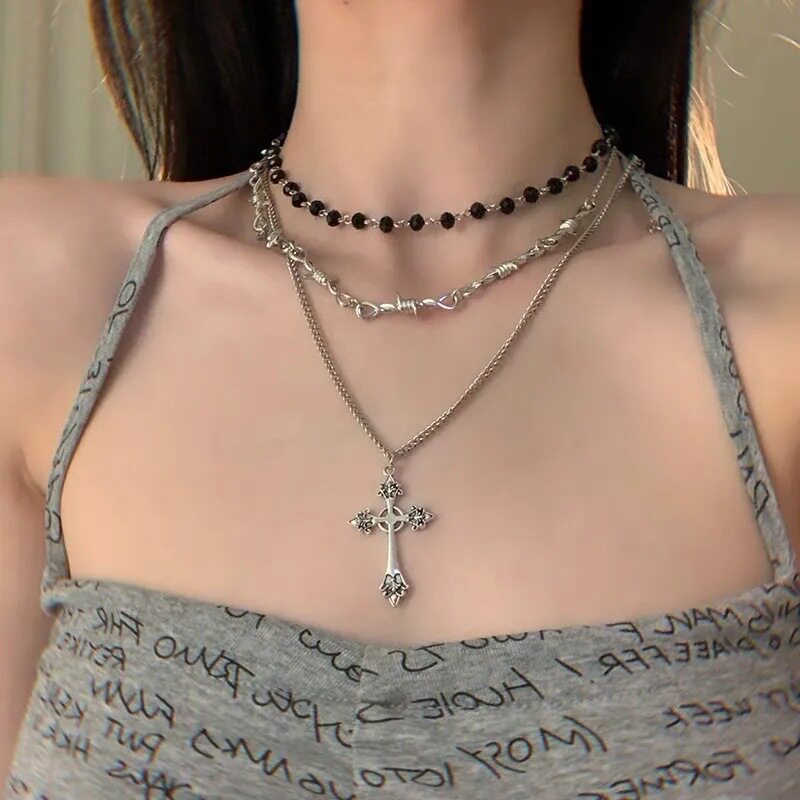 Gothic Punk Cross Stacked Necklace Women's Dark Sweet Cool Spice Girl Beaded Collarbone Chain Vintage Metal Necklace Chain