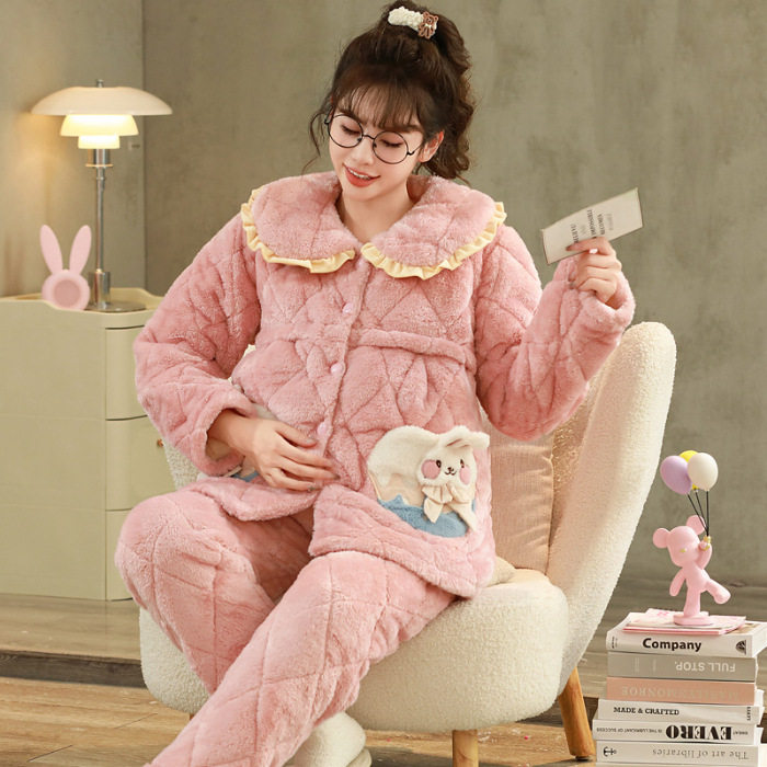 Winter monthly clothing three-layer cotton padded fleece-lined pajamas for pregnant women autumn and winter postpartum lactation home suit