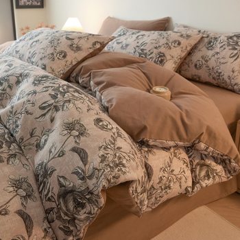 Class a 100% Cotton Brushed European Retro Style Four-Piece Fitted Bed Sheets Set, High-End Retro Style Pure Cotton Bed Bed Sheets Quilt Cover