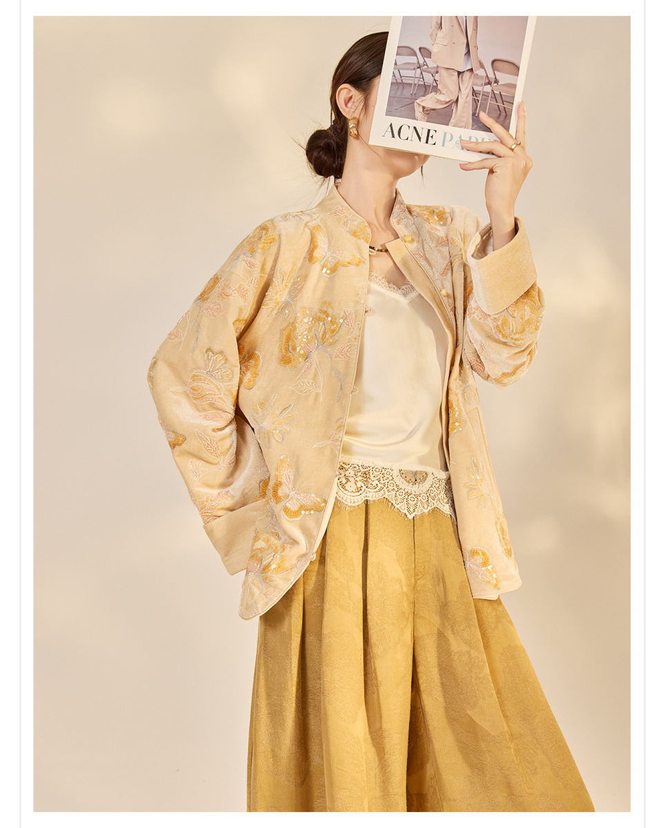 Áo khoác nữ cổ đứng dài tay thêu hoa đính kim sa phong cách retro — Màu cam mơ (giao hàng trong 7 ngày), Màu cam mơ (giao hàng trong ngày)