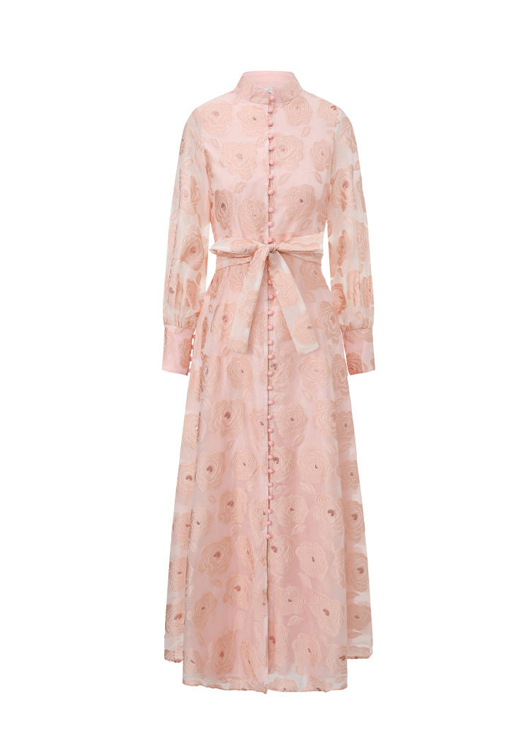 Vintage Inspired Luxury Jacquard Dress Stand Collar Waist Tie Slim Fit Elegant Long Dress for Spring and Autumn
