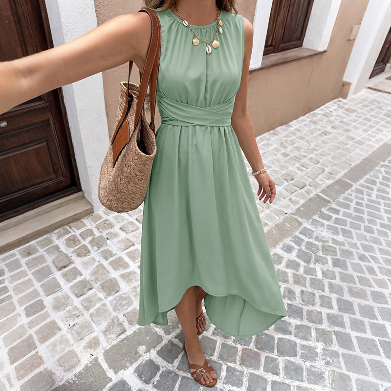 Sleeveless A Line Dress Solid Color Waist Defined Tail Hem Ideal for Vacation or Casual Events Wholesale Available