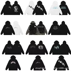 American Street Amiri Niche High Street Couples Men and Women Solid Color Cotton Printed Pullover Sweater Vintage Hoodie