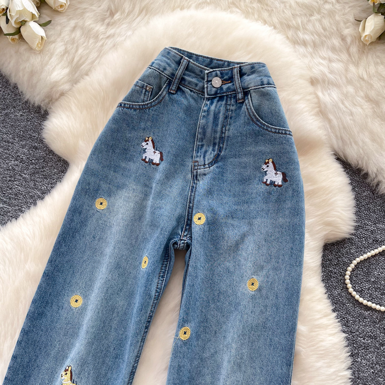 High Waisted Cartoon Embroidered Wide Leg Jeans for Women Summer Casual Loose Fit Blue Available in Small Sizes