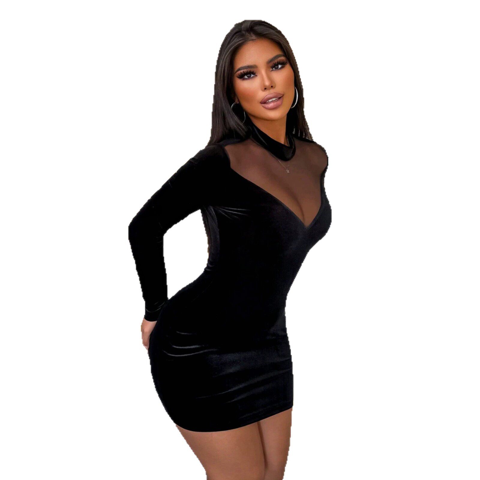 Velvet Bodycon Dress High Neck Long Sleeve Slim Fit Short Length Elegant Evening Wear Wholesale Available