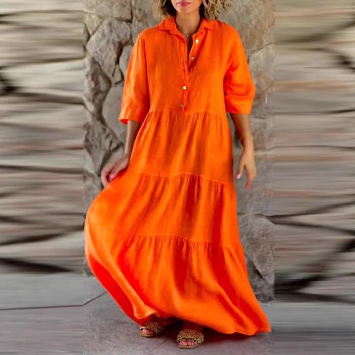 Womens Loose Fit Button Up Dress Solid Color Long Sleeve Collared Summer Casual Wear Wholesale Available